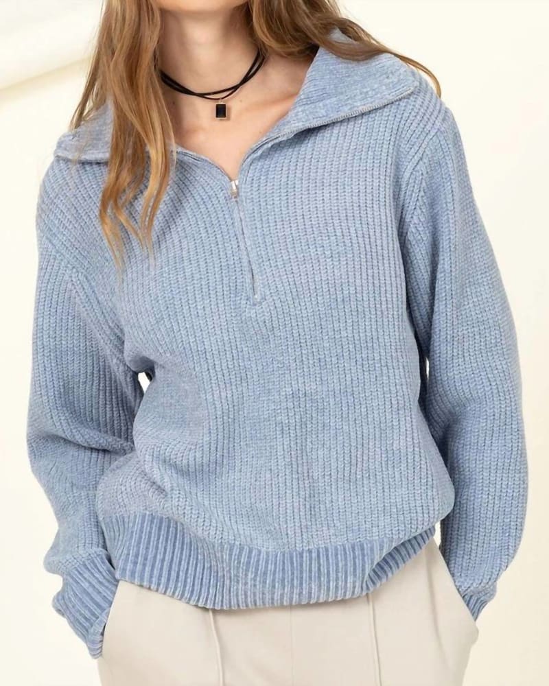 Front of a model wearing a size Large Double Zero Autumn Scenery Long Sleeve Sweater in Dusty Blue in Dusty Blue by HYFVE. | dia_product_style_image_id:334502